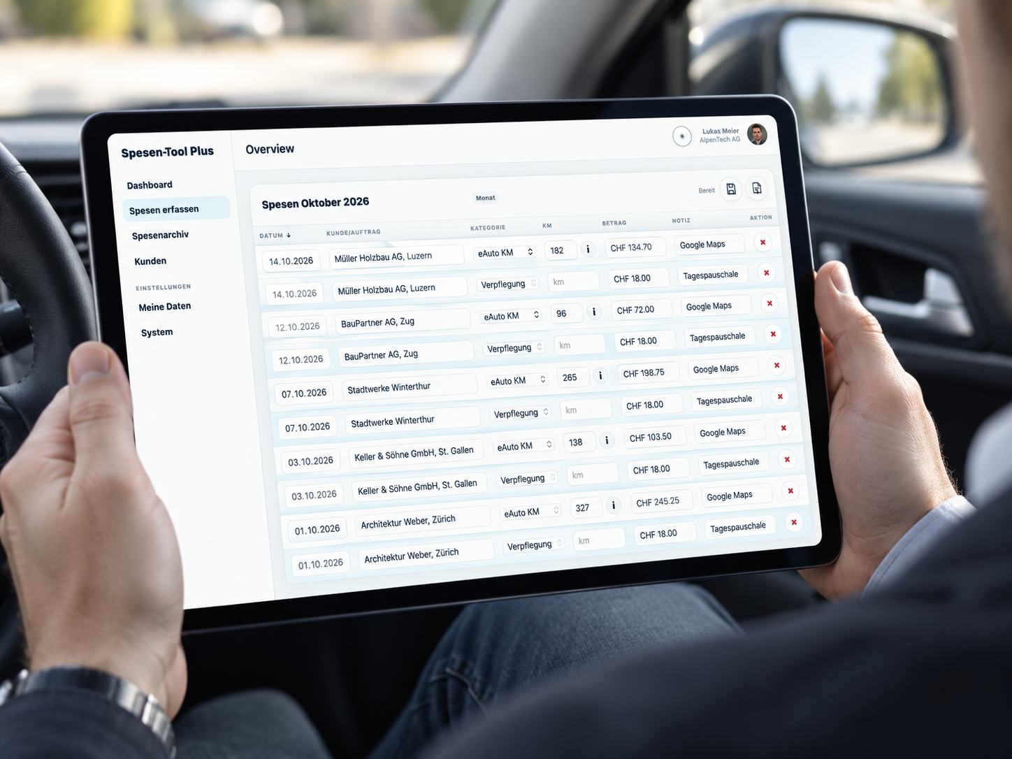 Spesen-Tool Plus zur Erfassung von Fahrten und Auslagen auf einem Tablet